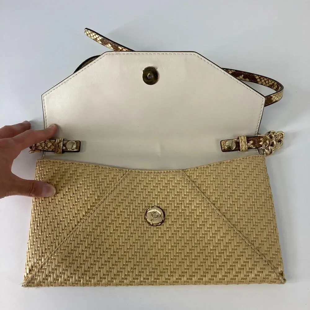 MICHAEL KORS SMALL STRAW AND LEATHER SNAKE PRINT CROSSBODY